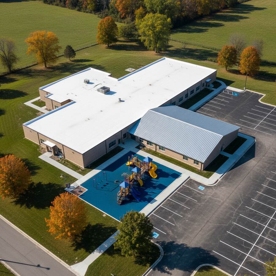 Aerial TPO Membrane & Standing-Seam Wing