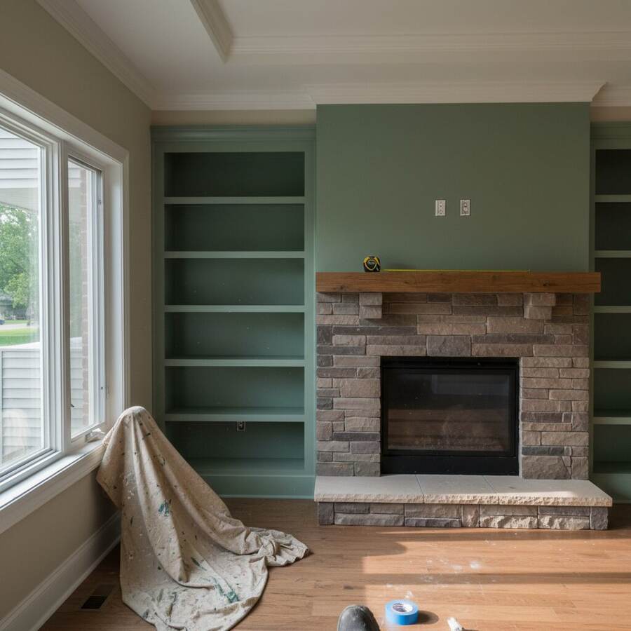 Custom Built-In Millwork, Coffered Ceiling & Stone Hearth